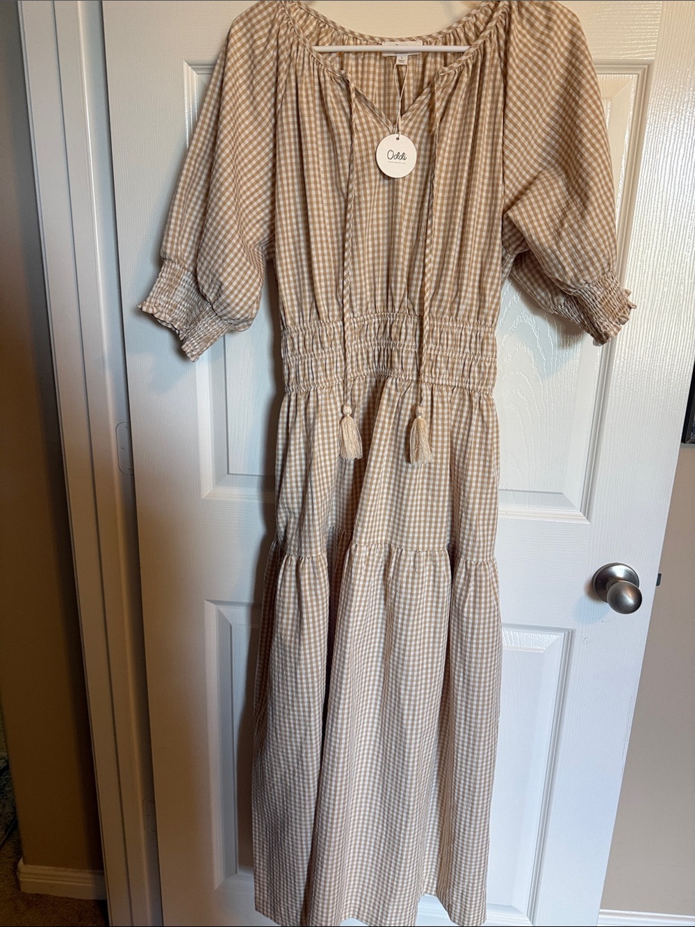 Oddy Beige Gingham Smocked Maxi Dress with Tassel Tie